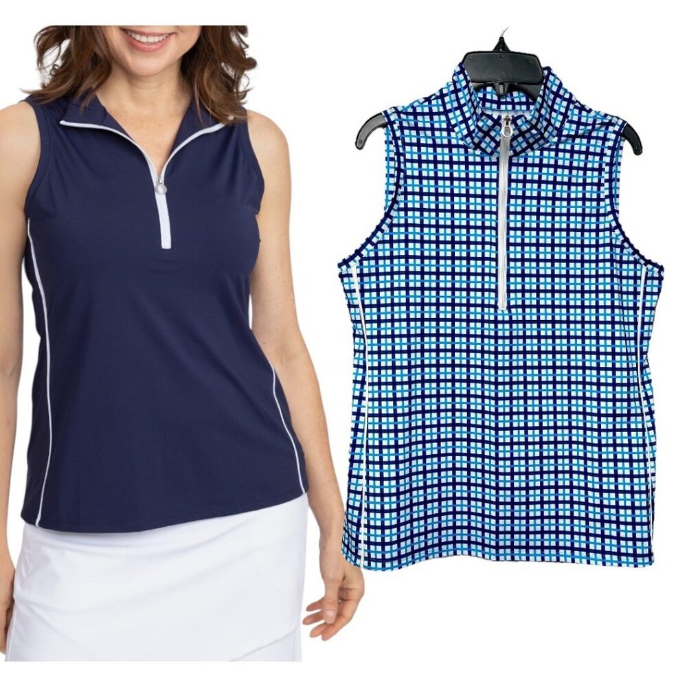 KINONA Keep It Covered Sleeveless Golf‎ Top in Blue Plaid Size S